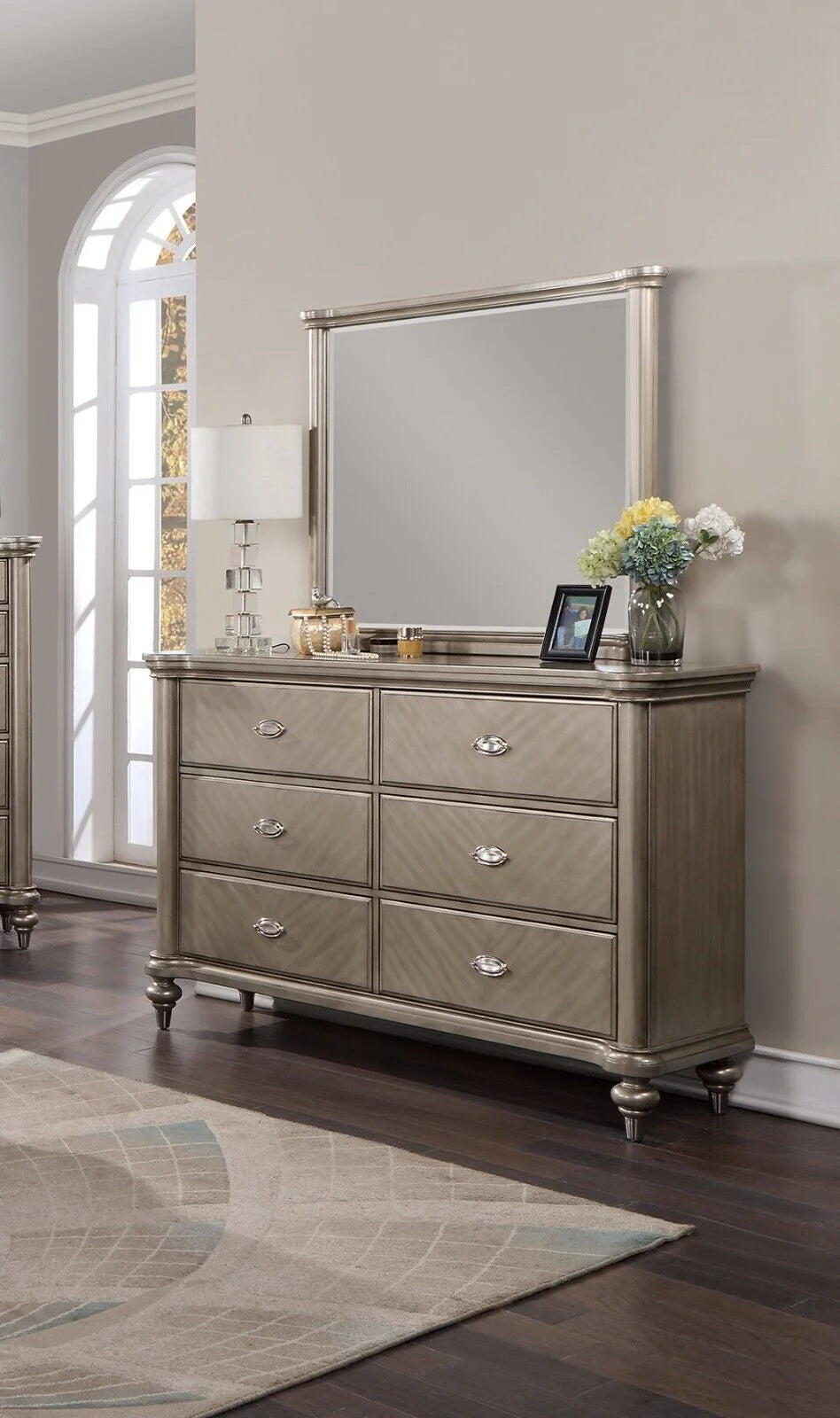 Grey 4p Eastern King Size Bed Dresser Mirror Nightstand G85551