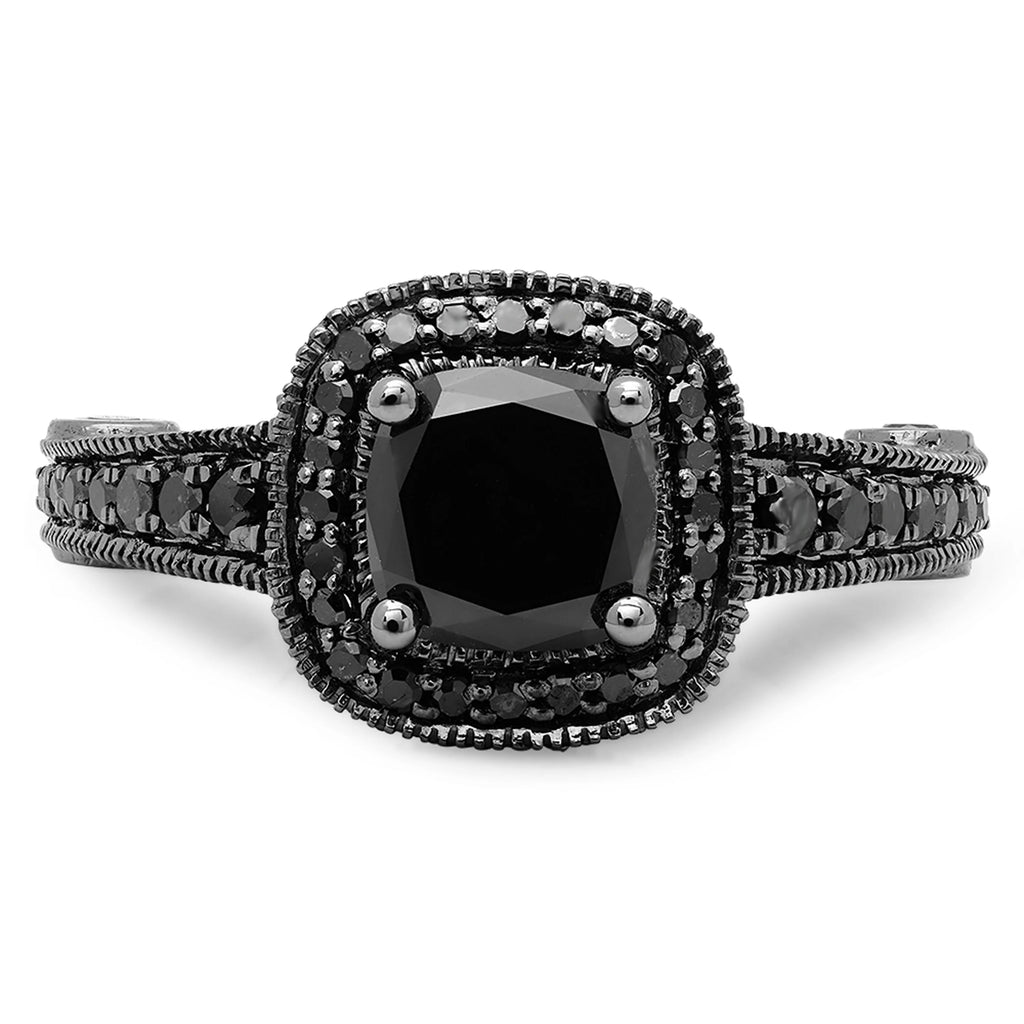 4.50 Carat Black Plated 14K Black Diamond Vintage Style Halo Bridal Engagement Ring D75321