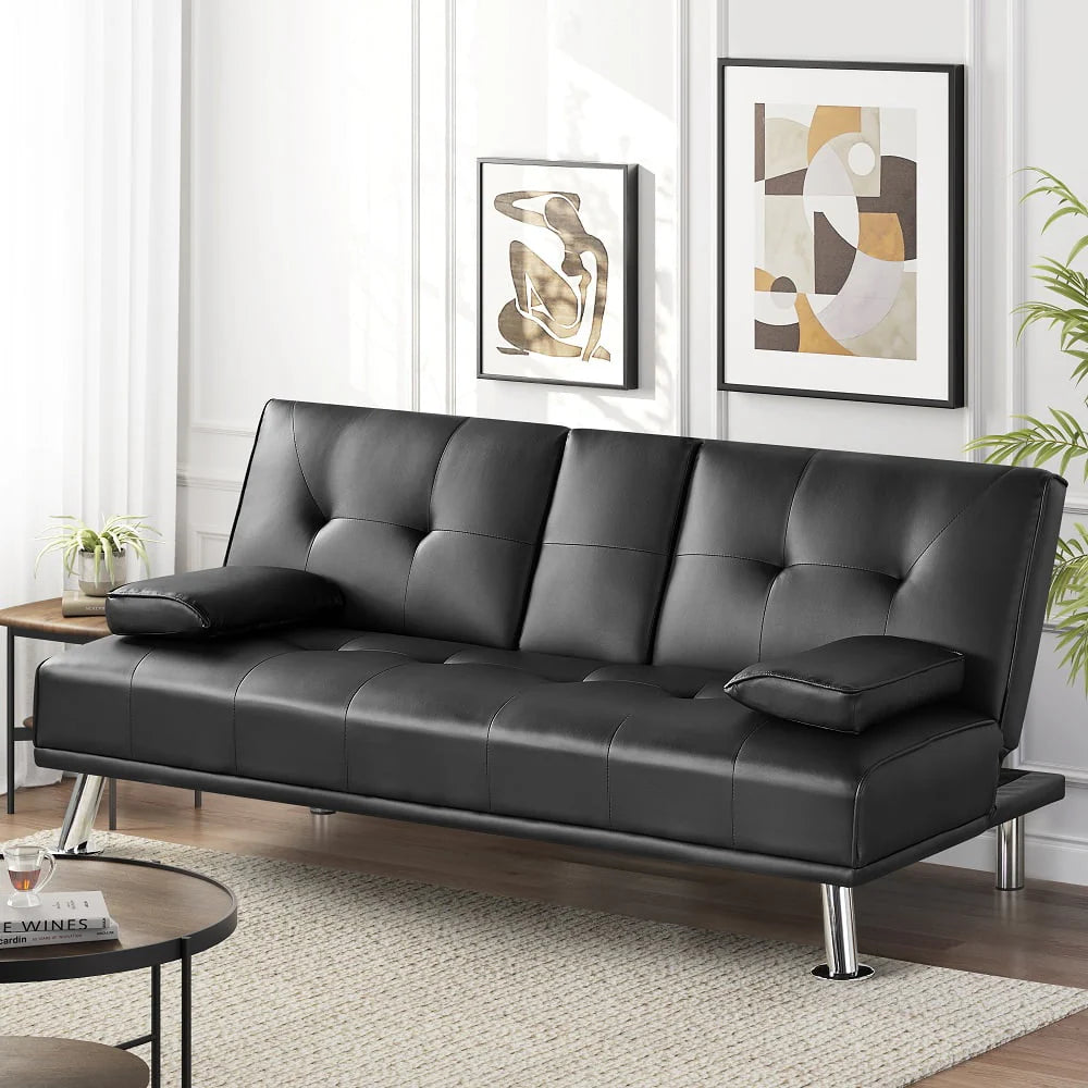 Gray Faux Leather Futon with Cupholders and Pillows N7676