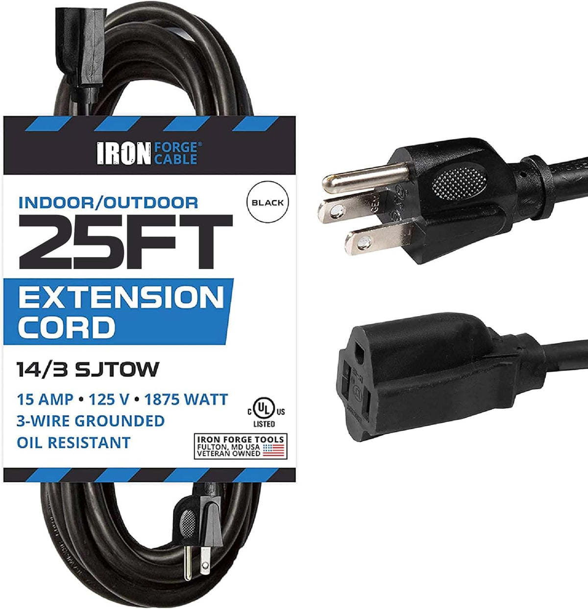 Black Oil Resistant 25 Ft Extension Cord 14/3 SJTOW Pack of 2 C17757