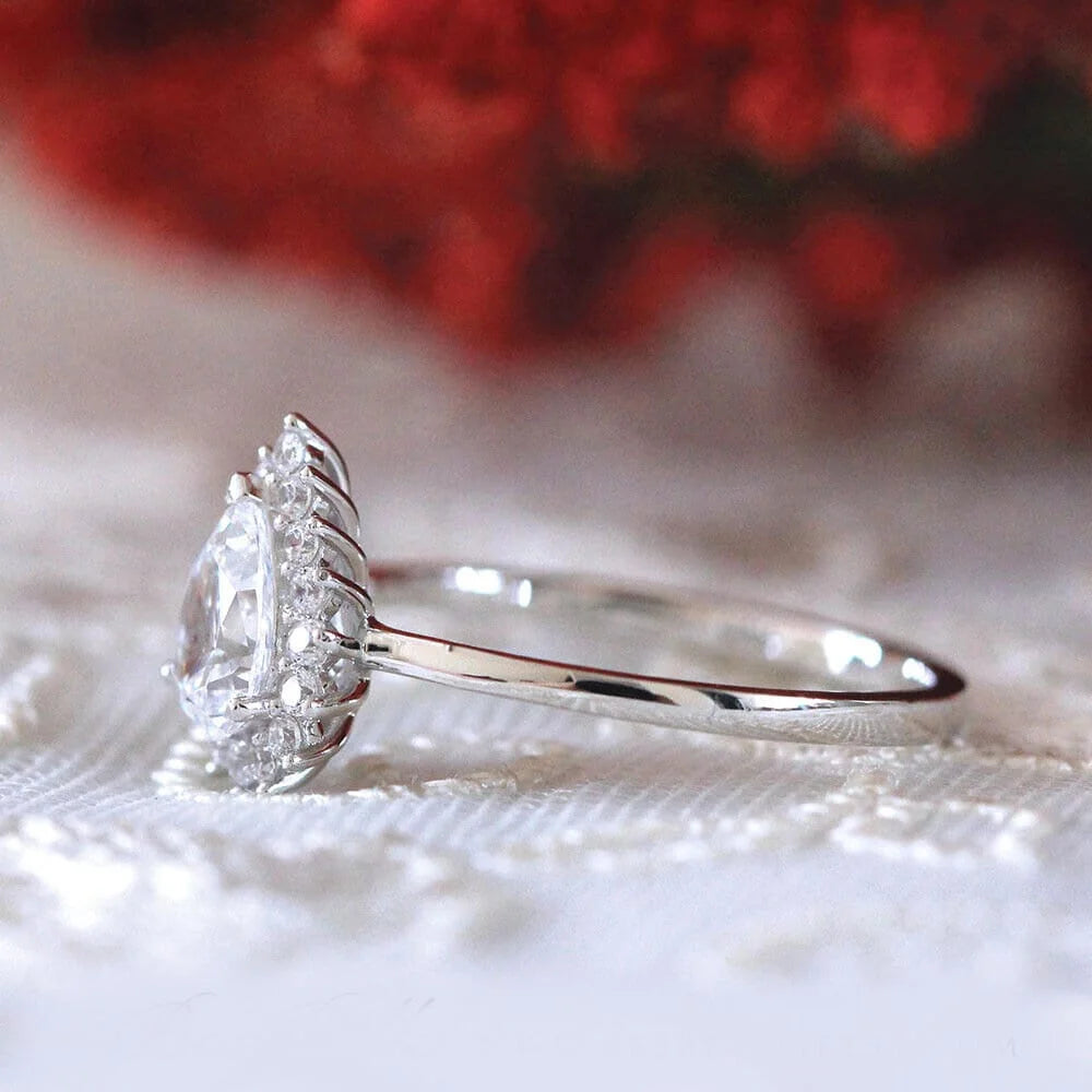 Pear Shape Moissanite Solitaire Engagement Ring, 18K White Gold Plated / 925 Sterling Silver Ring J402