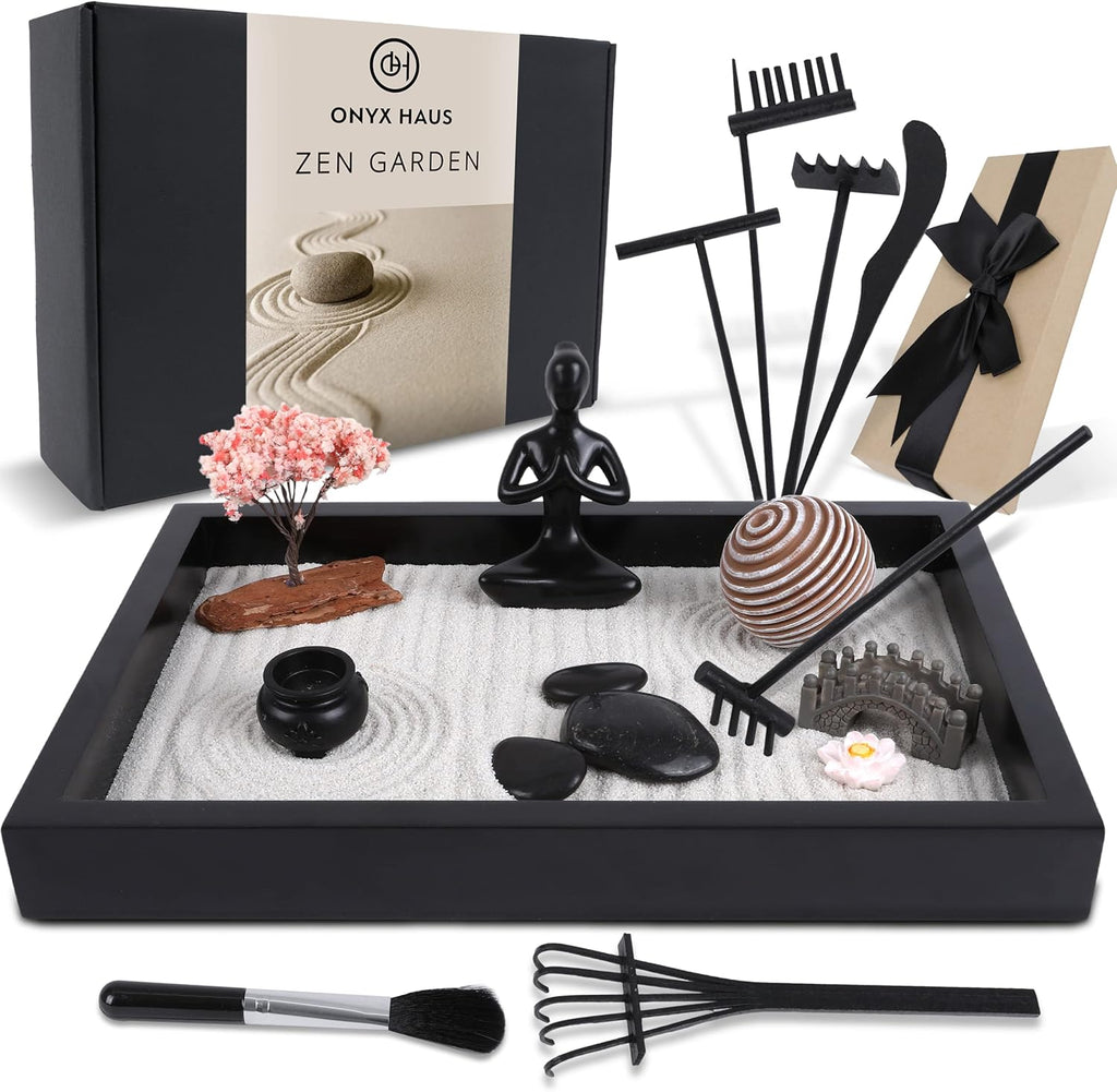 Zen Garden Desk Decor Set with Wooden Tray, White Sands, Rocks, Rake Tools, Pack of 2 F148
