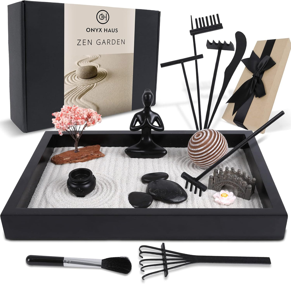 Zen Garden Desk Decor Set with Wooden Tray, White Sands, Rocks, Rake Tools, Pack of 2 F148