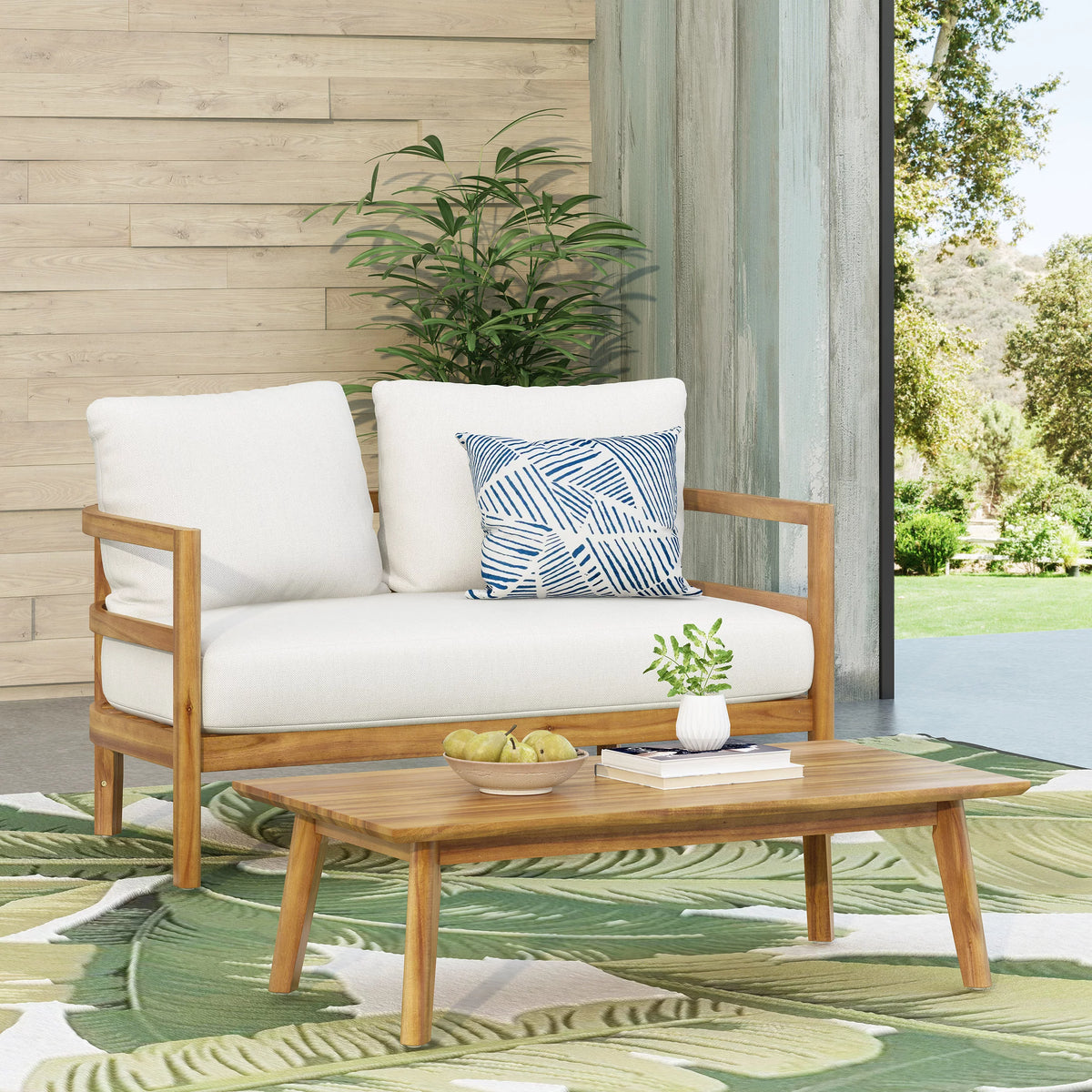 Acacia Wood Loveseat and Coffee Table Set with Cushions M4362