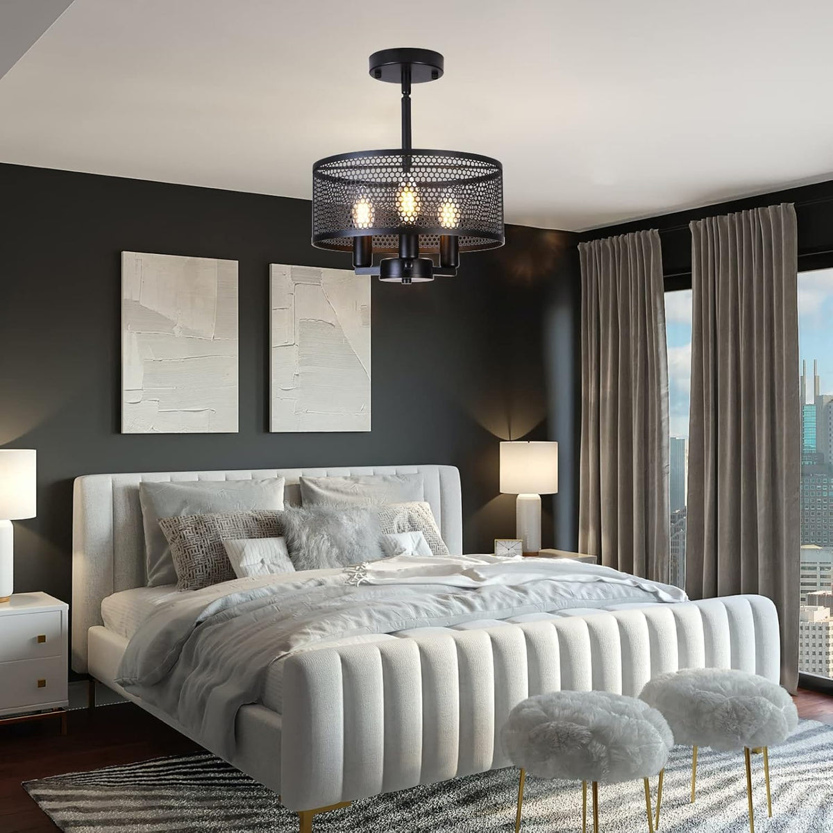 Matte Black Semi Flush Mount Cage Ceiling Light W821