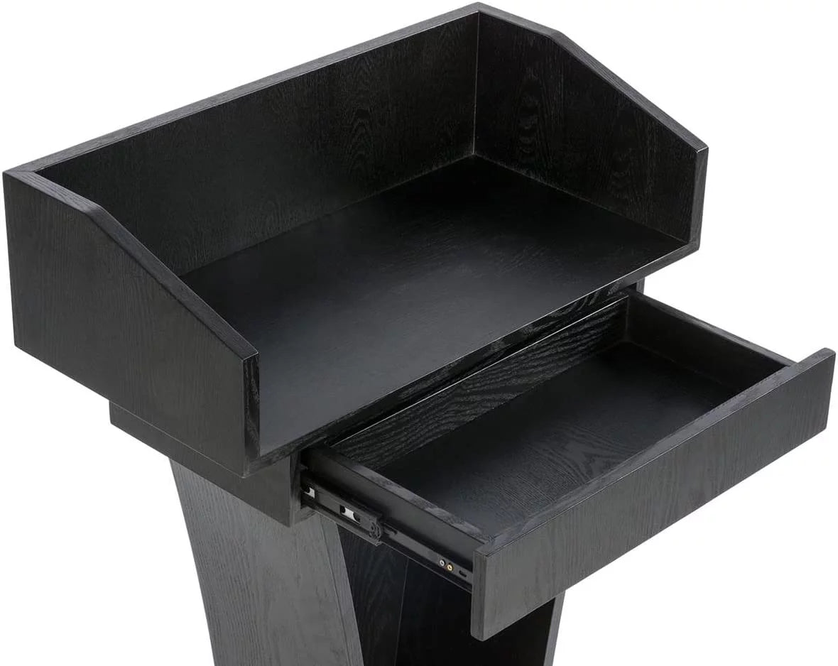 Black MDF Wood Grain Lectern with Drawer and Storage E14419