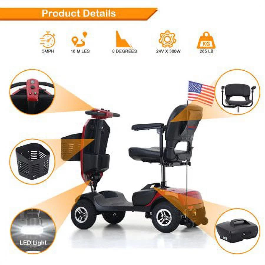 4 Wheels Foldable Mobility Scooter with LED Light and USB Port Red T8815