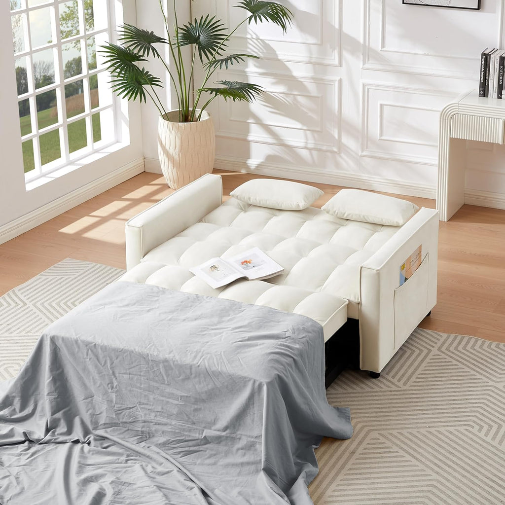 Ivory Velvet 2 Seater Convertible Loveseat Sleeper Sofa with Pull-Out Bed Q84581