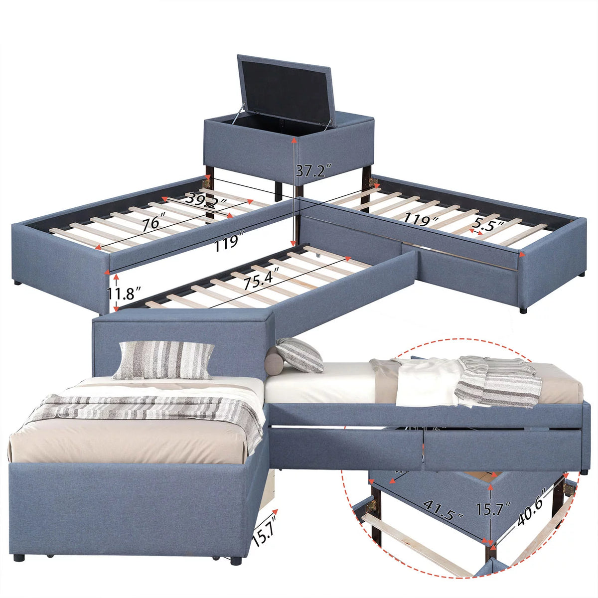 Grey L Shaped Platform Bed with Two Drawers and Built-in Desk D53272