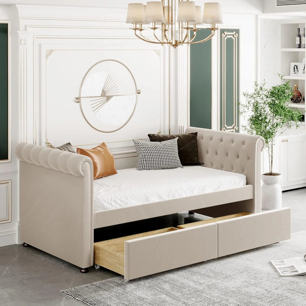 Beige Upholstered Daybed with Storage and 2 Drawers S780