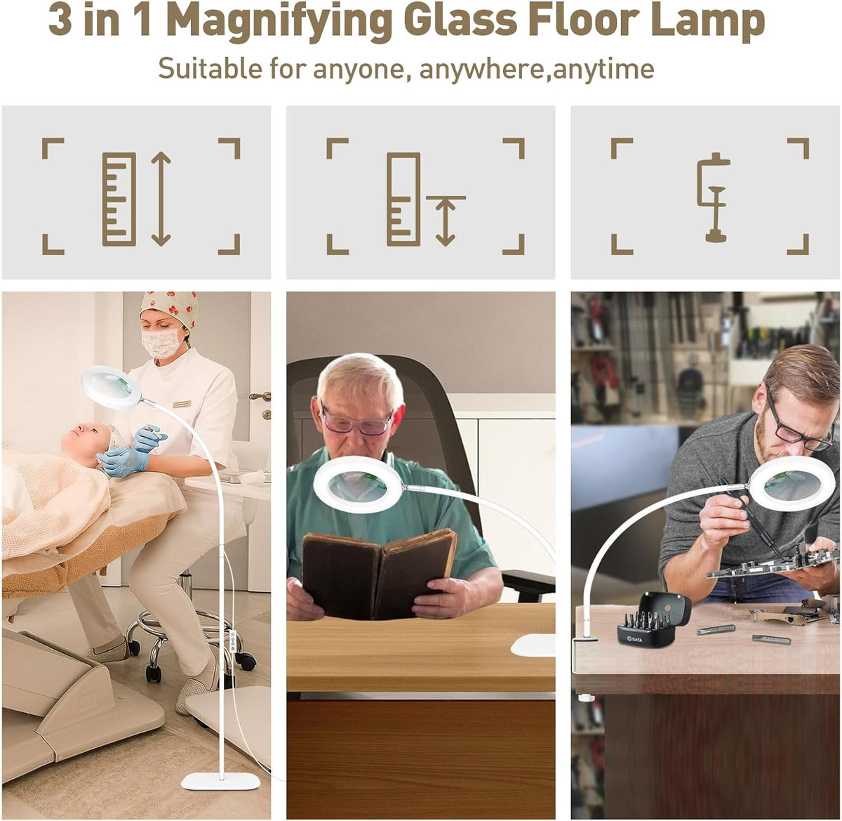 3 in1 Flexible Gooseneck Magnifying Floor Lamp with Light and Stand W93948