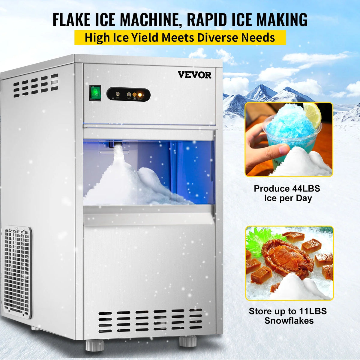 110V Commercial Snowflake Ice Maker 44lbs/24h Stainless Steel Freestanding A155