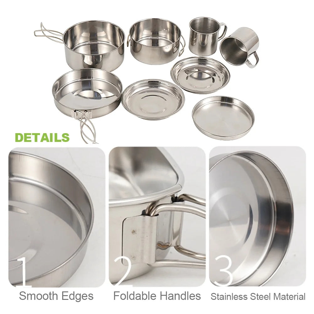 8PCS Stainless Steel Camping Cookware Mess Kit O389595