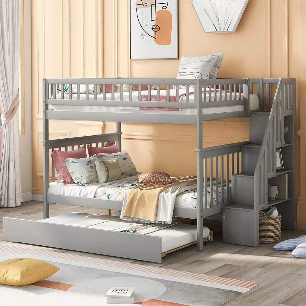 Solid Wood Full Over Full Bunk Bed with Trundle and Staircase, Grey H645105