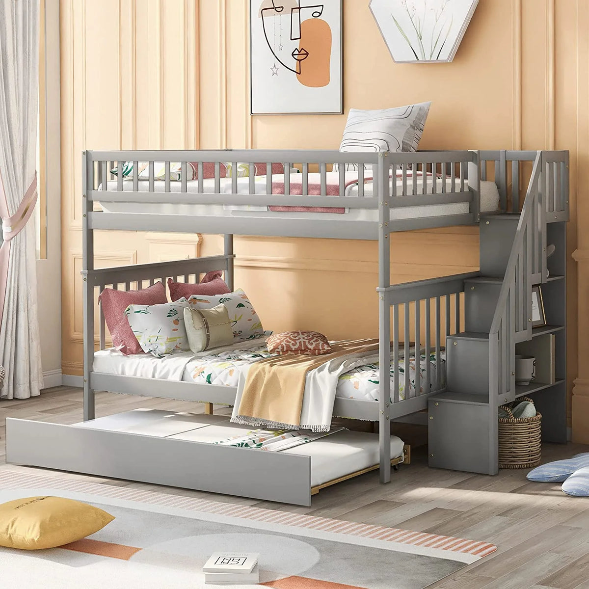 Solid Wood Full Over Full Bunk Bed with Trundle and Staircase, Grey H645105