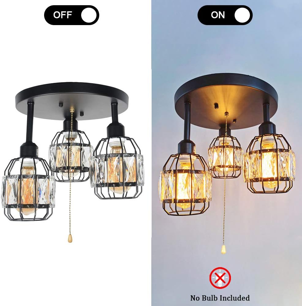 Black Metal Round Semi Flush Mount Ceiling Light with Pull Chain 3 Lights E26 J131