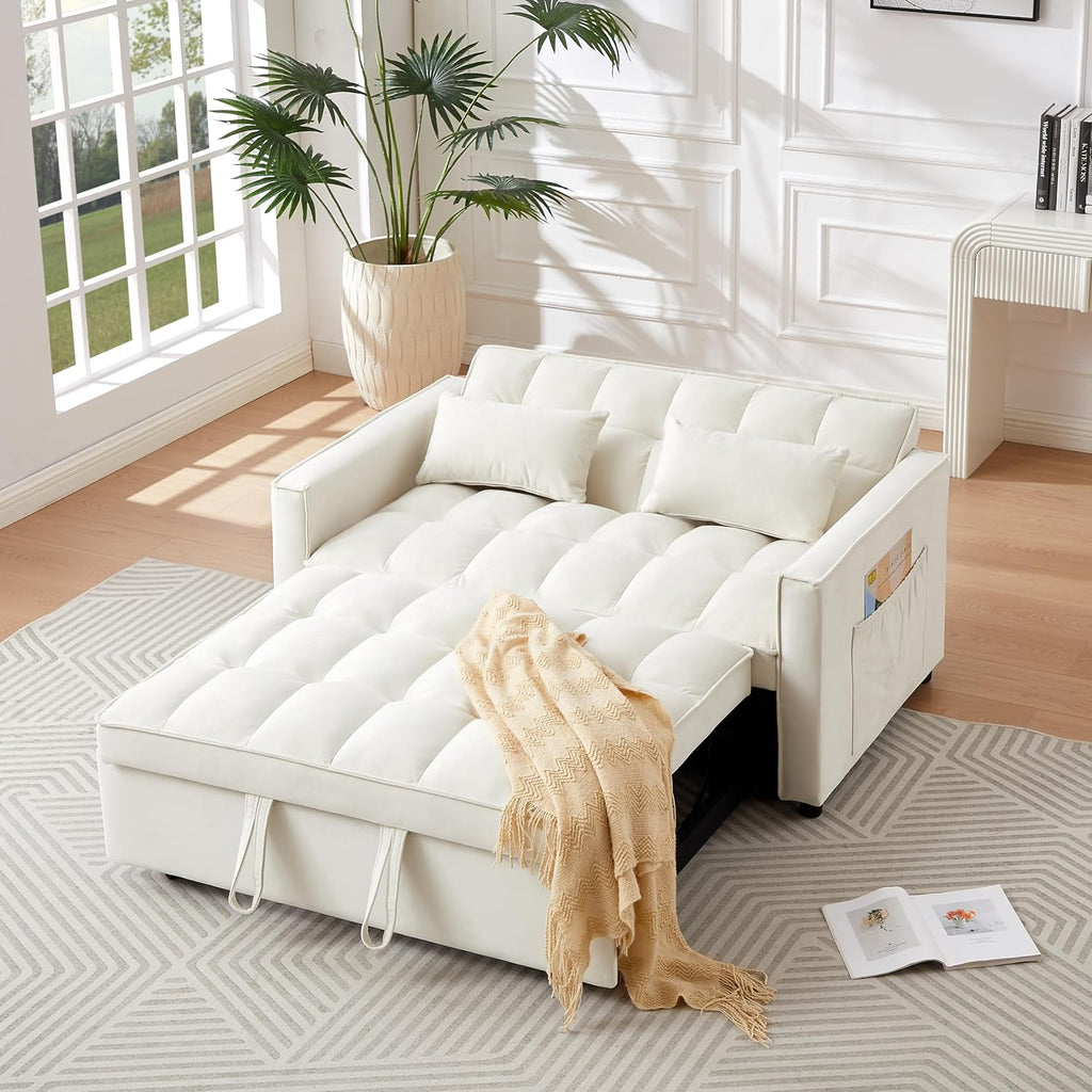 Ivory Velvet 2 Seater Convertible Loveseat Sleeper Sofa with Pull-Out Bed Q84581