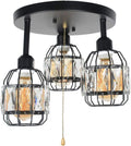 Black Metal Round Semi Flush Mount Ceiling Light with Pull Chain 3 Lights E26 J131