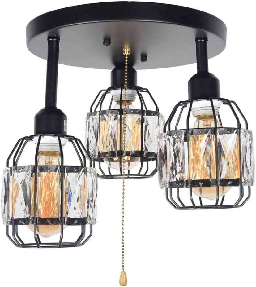 Black Metal Round Semi Flush Mount Ceiling Light with Pull Chain 3 Lights E26 J131