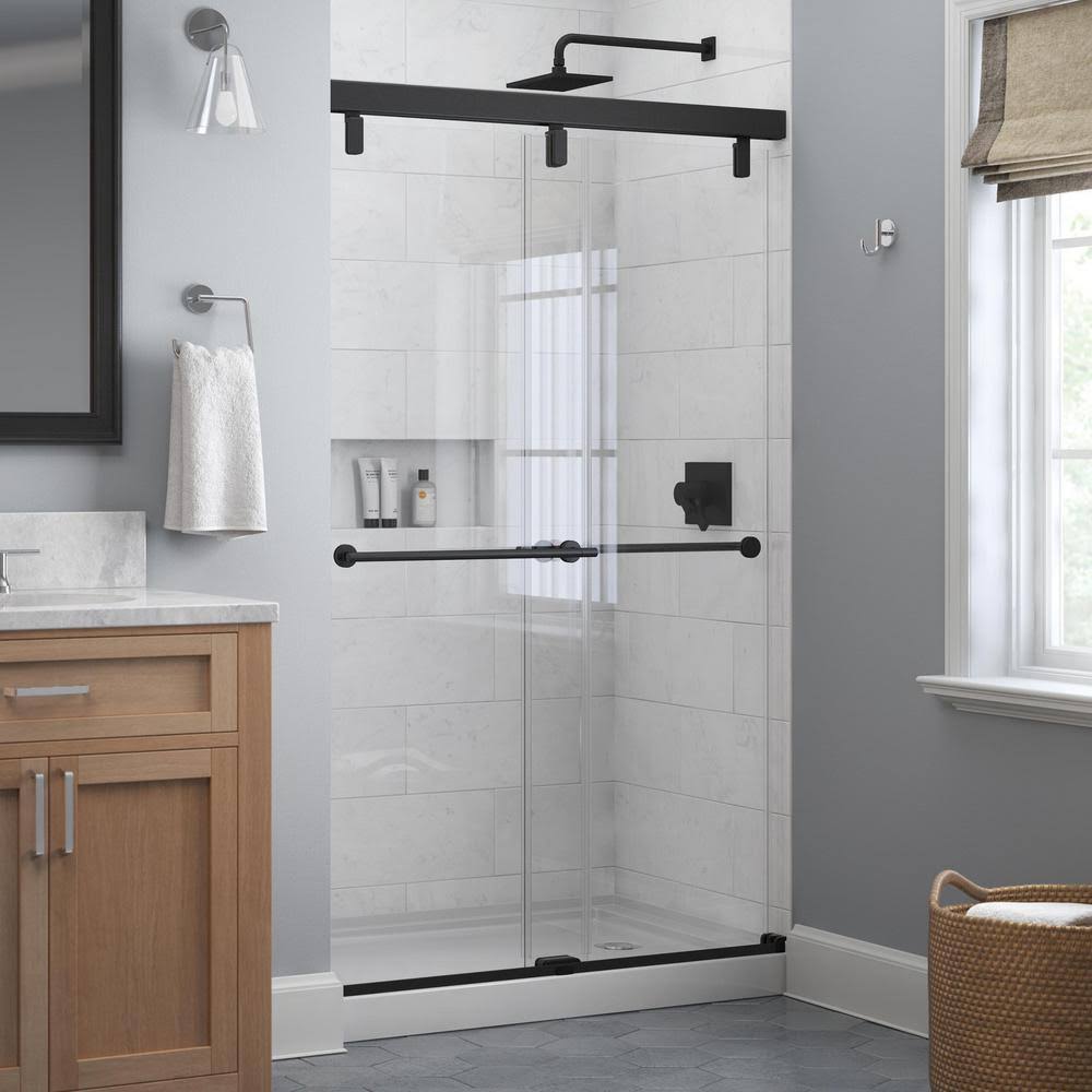 Matte Black Frameless Sliding Shower Door with Clear Glass K59199