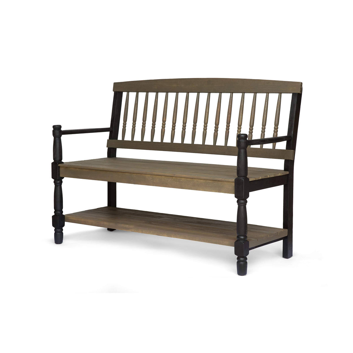 Gray Acacia Wood Outdoor Bench with Shelf O8415