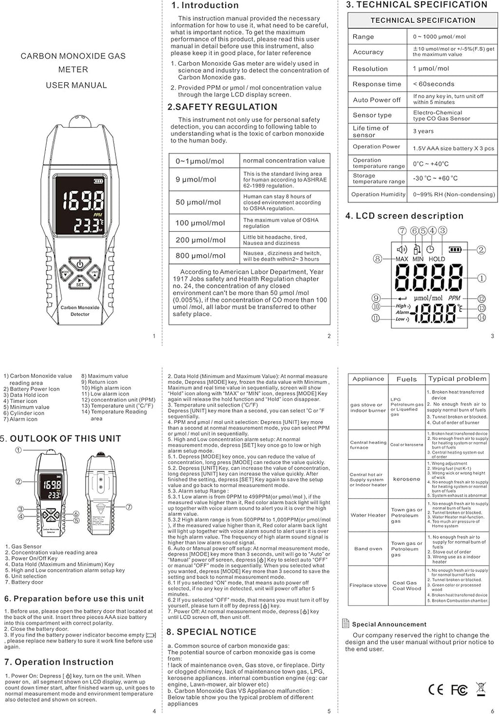 Handheld Carbon Monoxide Detector 0-1000ppm Pack of 2 W30983