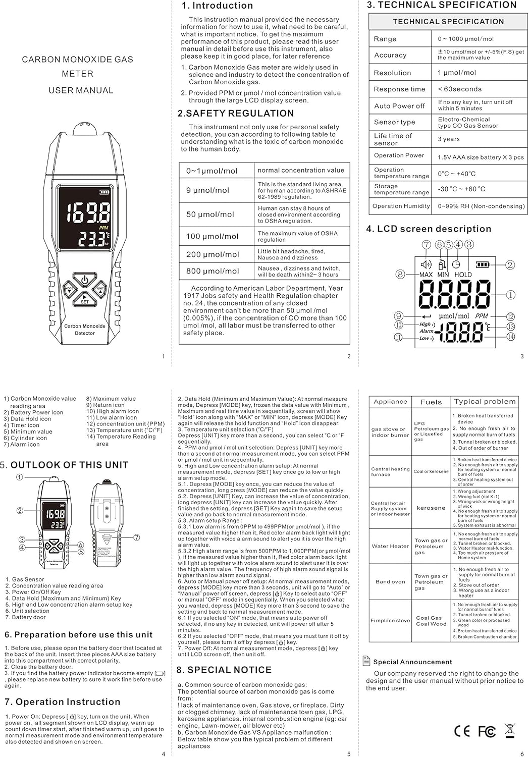 Handheld Carbon Monoxide Detector 0-1000ppm Pack of 2 W30983