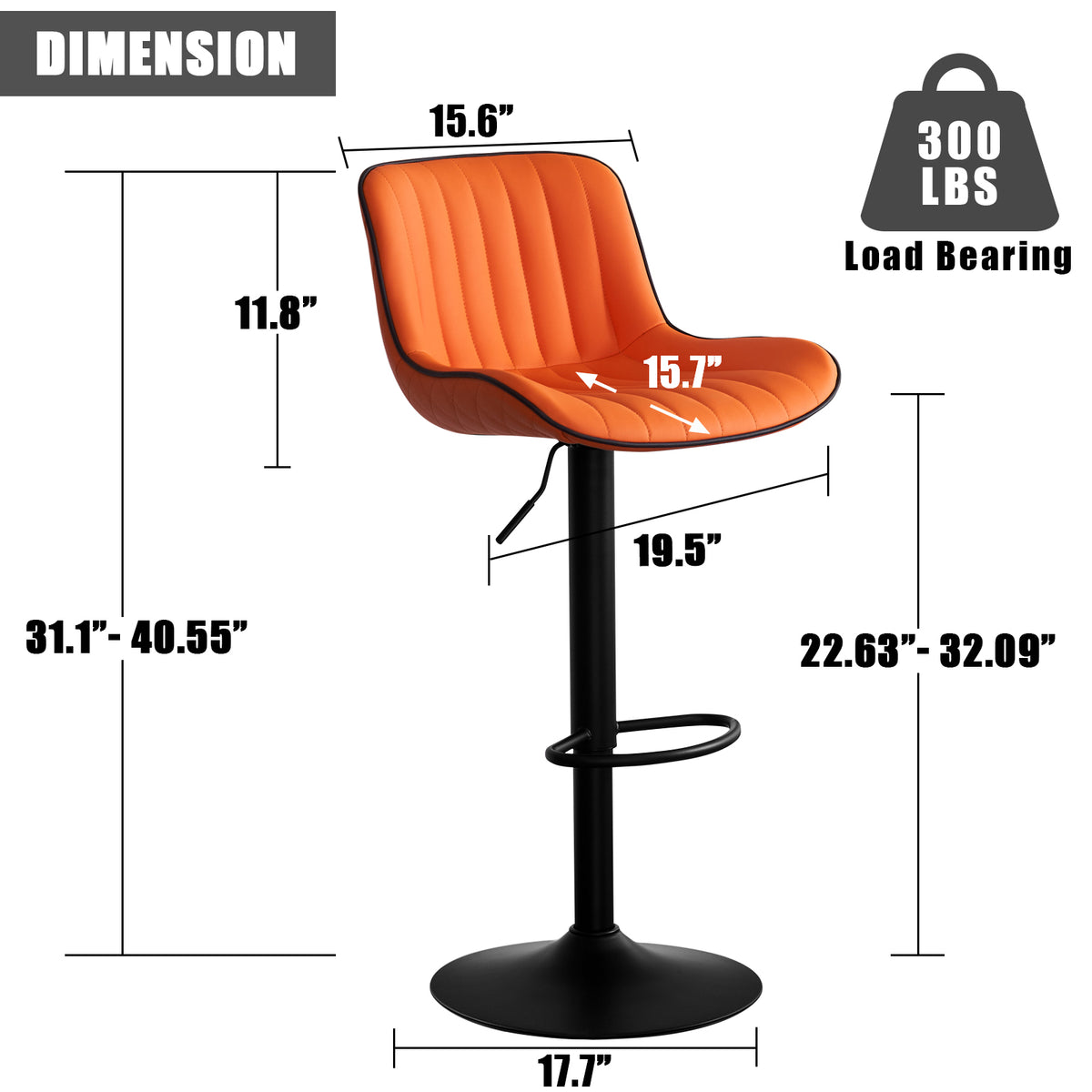 Orange PU Leather Adjustable Swivel Bar Stools Set of 2 O923