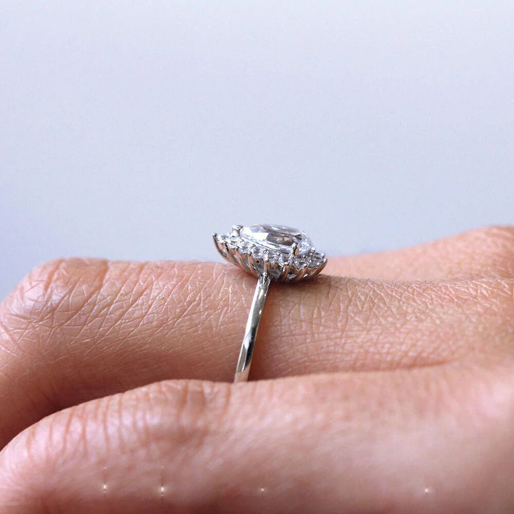 Pear Shape Moissanite Solitaire Engagement Ring, 18K White Gold Plated / 925 Sterling Silver Ring J402