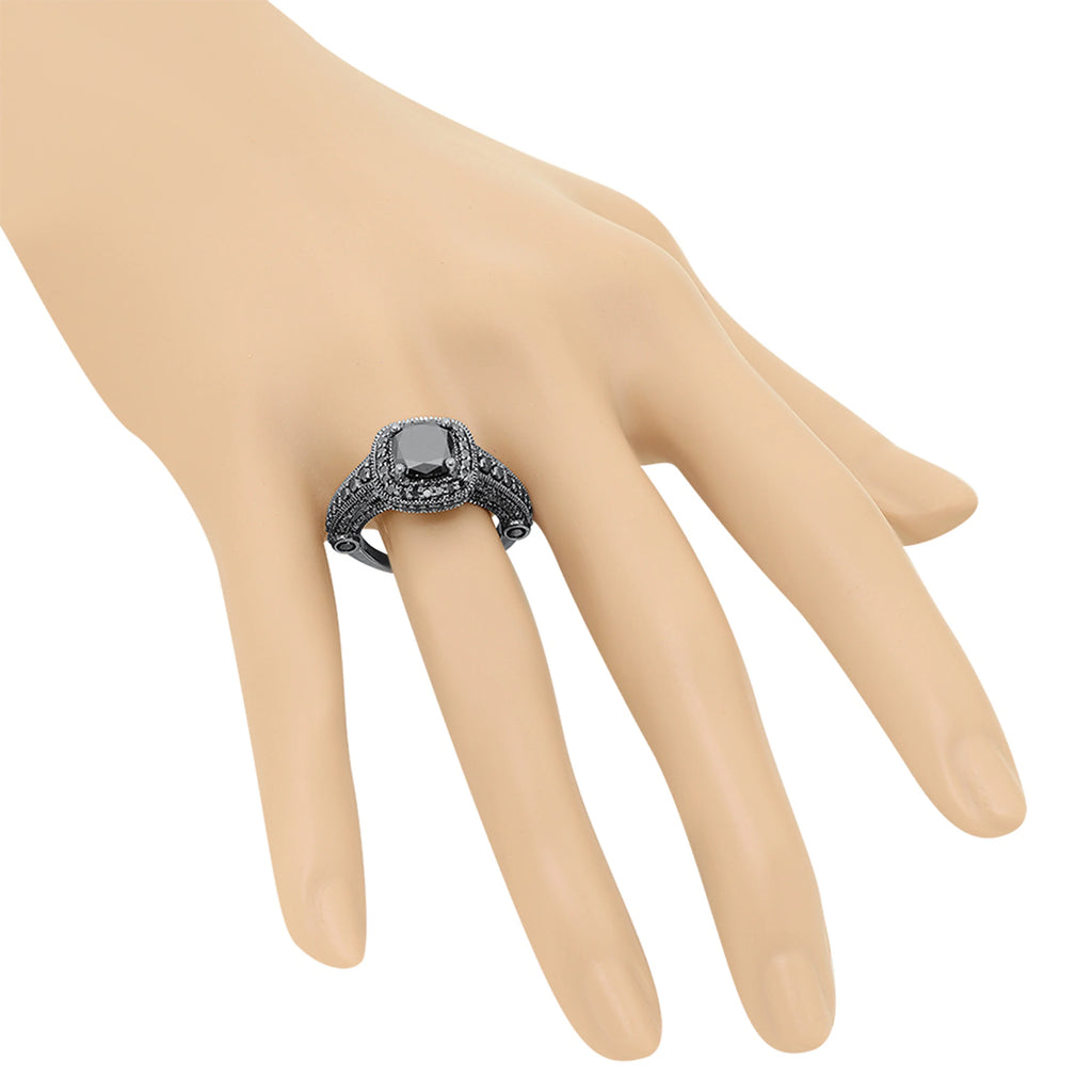 4.50 Carat Black Plated 14K Black Diamond Vintage Style Halo Bridal Engagement Ring D75321
