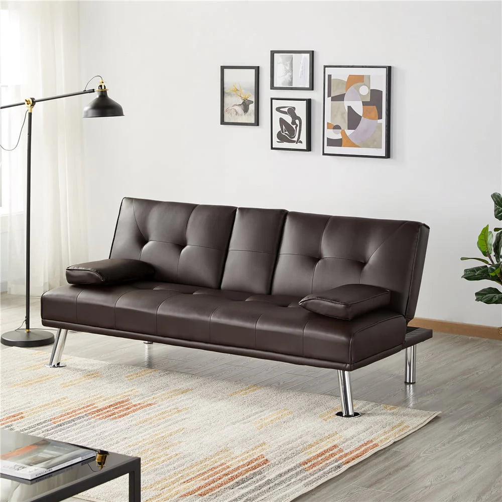 Gray Faux Leather Futon with Cupholders and Pillows N7676