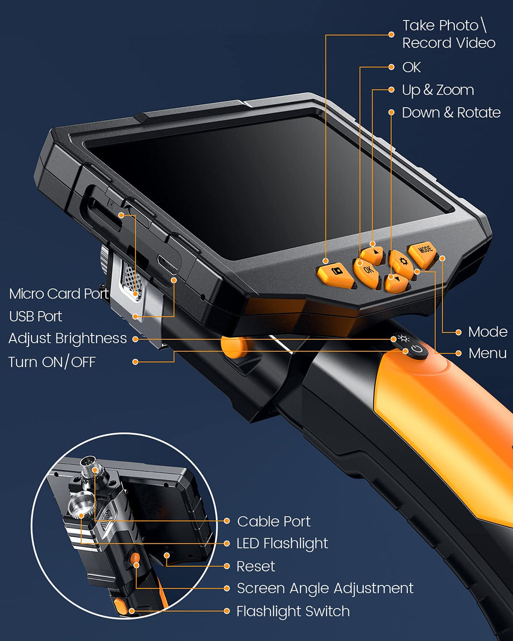 16.4ft Waterproof Flexible Borescope Inspection Camera with Light L96616