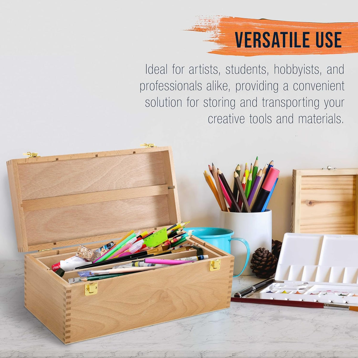 Unfinished Beechwood Artist Tool Storage Box with Removable Tray & Locking Clasps X412