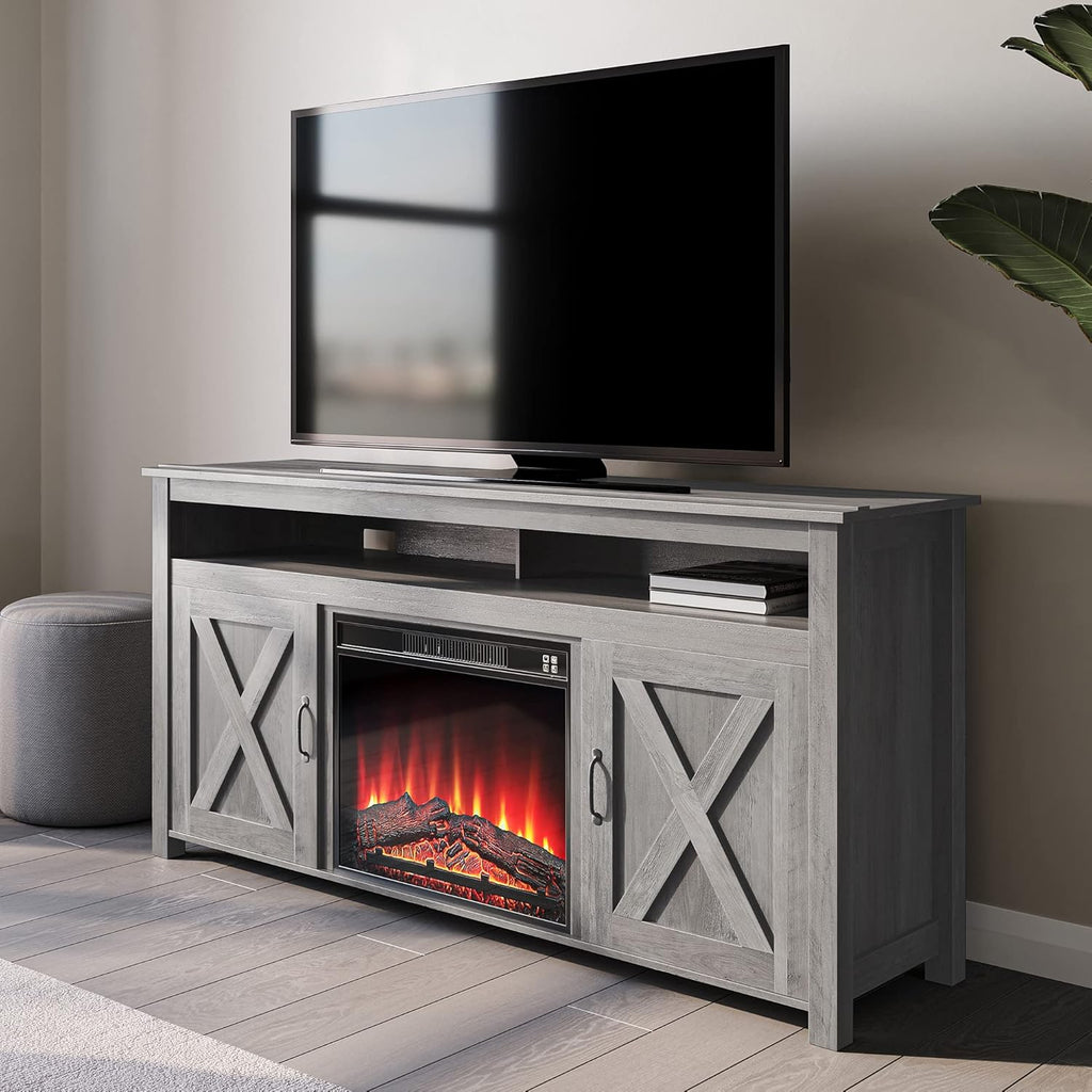 Barn Door Wood TV Stand & Media Console Table with Open Shelves and Cabinets K46514