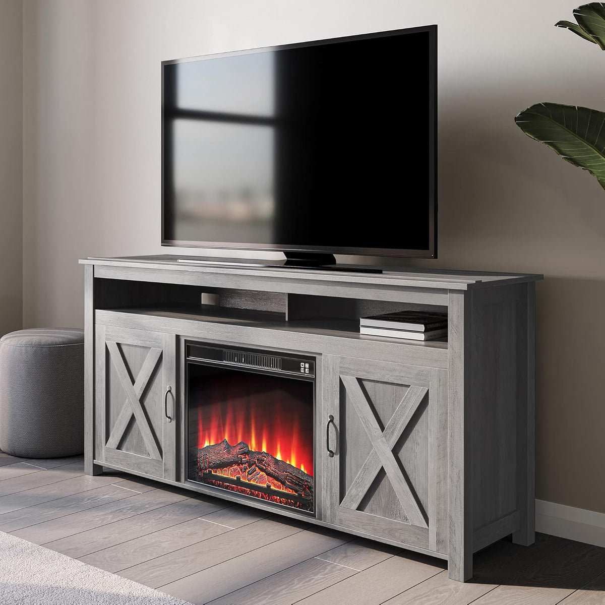 Barn Door Wood TV Stand & Media Console Table with Open Shelves and Cabinets K46514