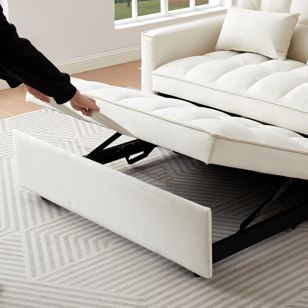 Ivory Velvet 2 Seater Convertible Loveseat Sleeper Sofa with Pull-Out Bed Q84581