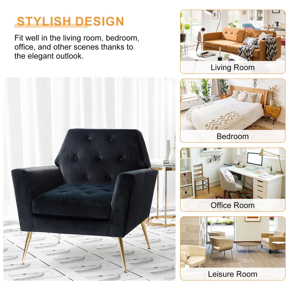 Black Velvet Upholstered Armchair Set of 2 D7278