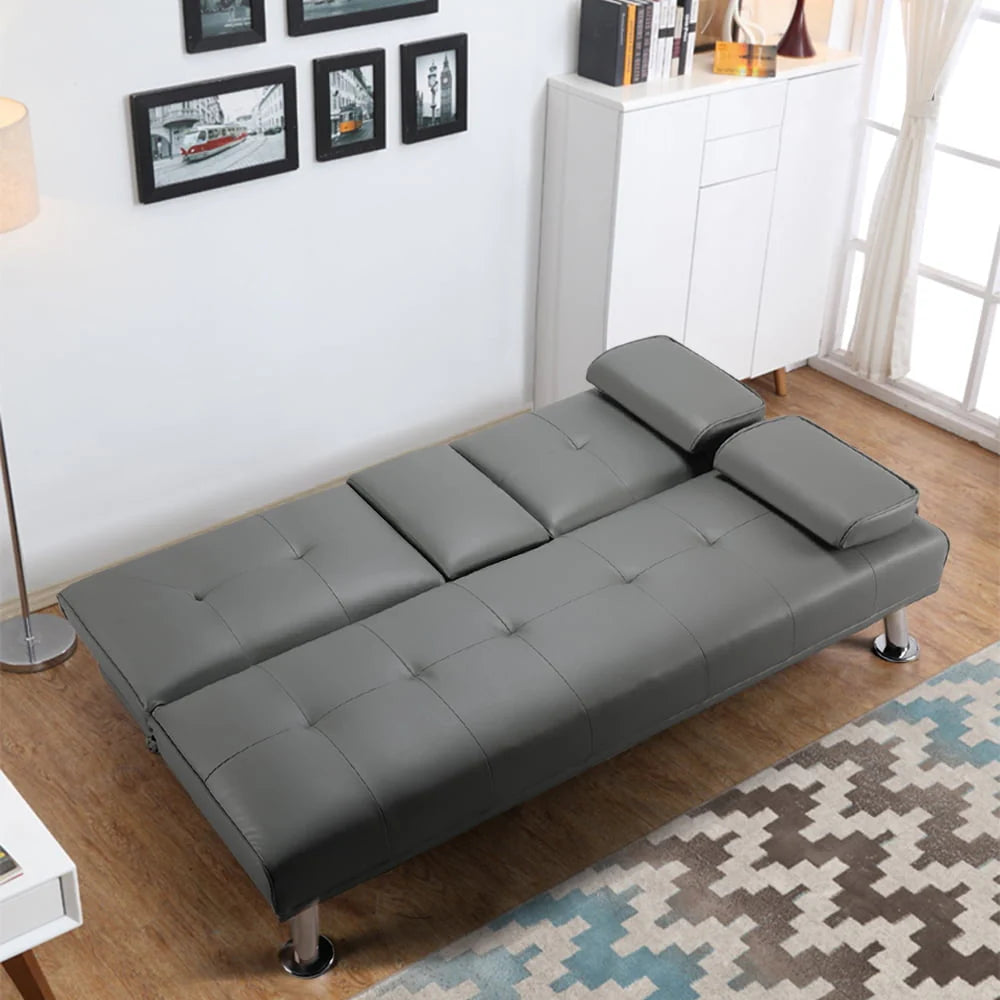 Gray Faux Leather Futon with Cupholders and Pillows N7676