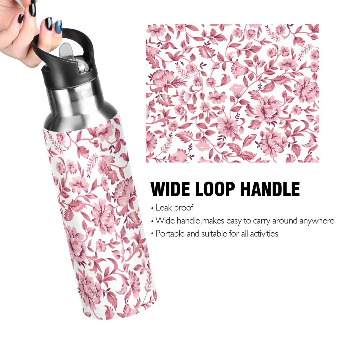 Pink Floral Insulated Stainless Steel Water Bottle with Straw Lid Leakproof 20 oz T97679