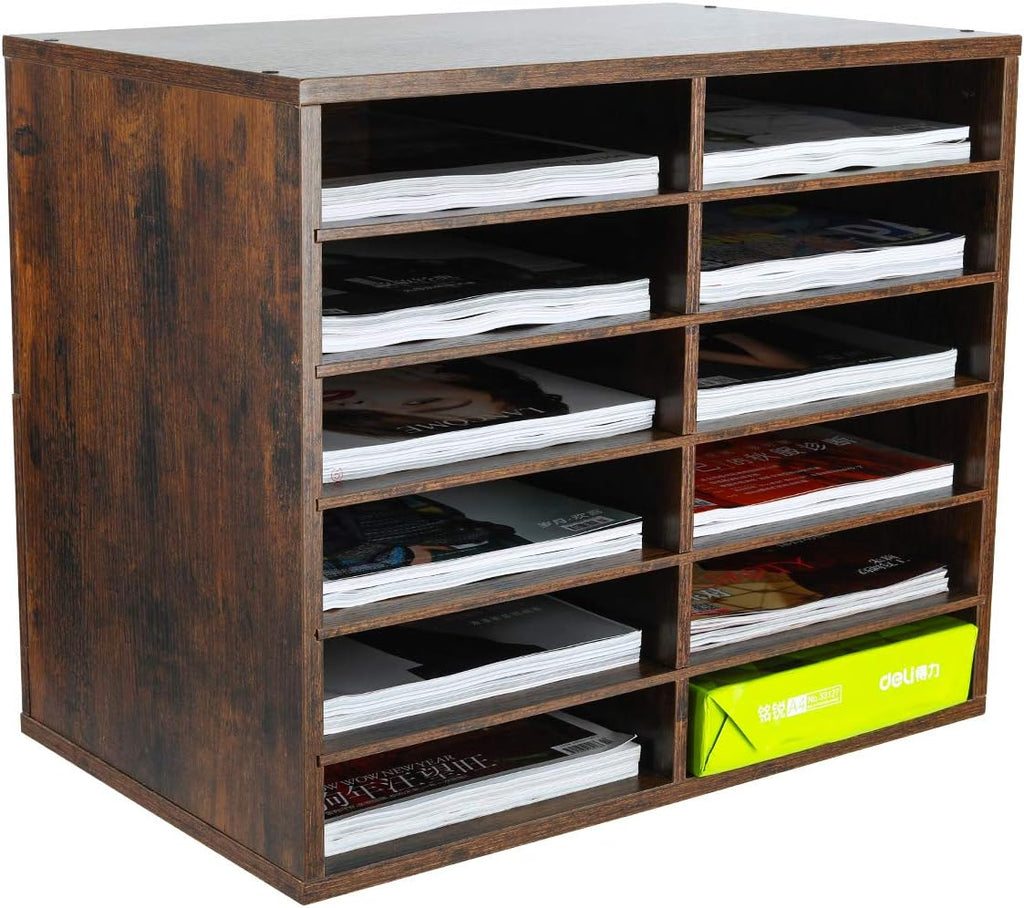 Retro Brown 12 Compartments Wood Desktop Literature Organizer U708604
