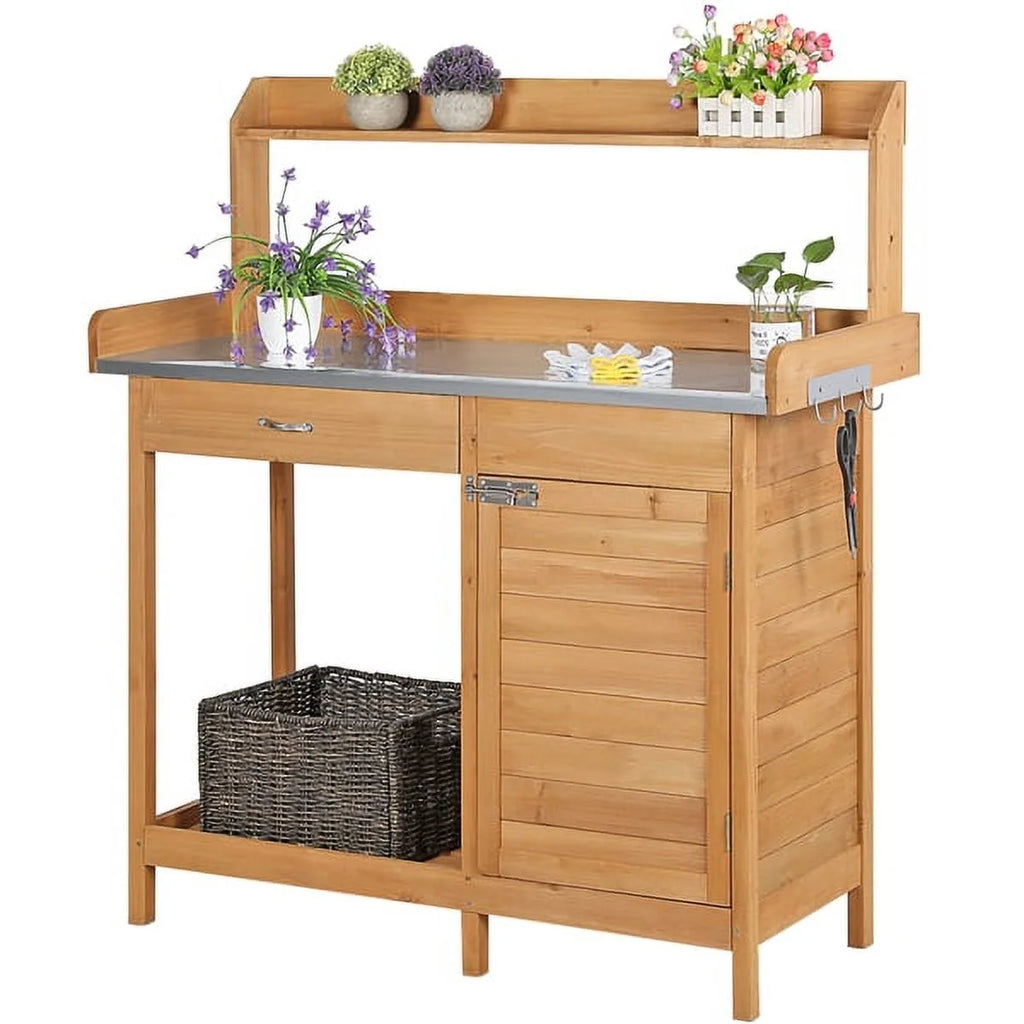 Wooden Garden Potting Bench with Cabinet T725543