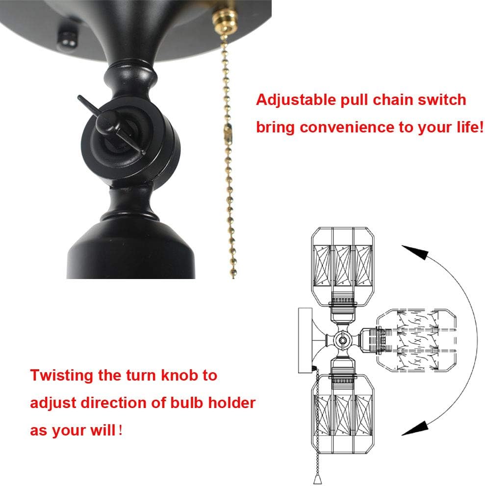 Black Metal Round Semi Flush Mount Ceiling Light with Pull Chain 3 Lights E26 J131