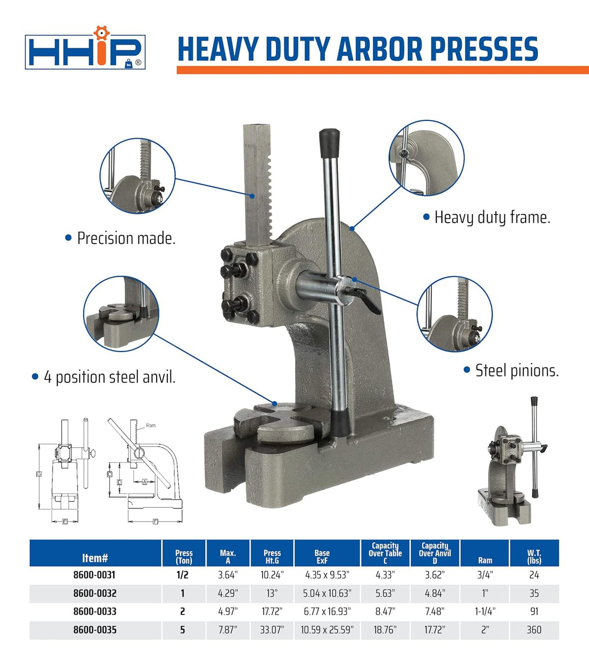 Heavy Duty Arbor Press, 1 Ton Capacity D169