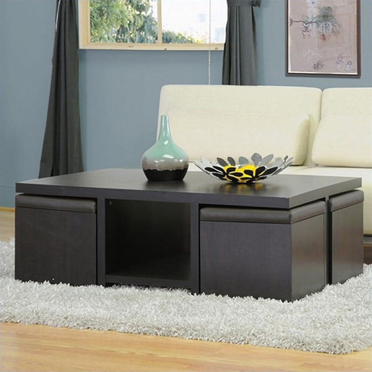 Dark Brown Table and Stool Set with Hidden Storage X7296
