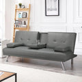 Gray Faux Leather Futon with Cupholders and Pillows N7676