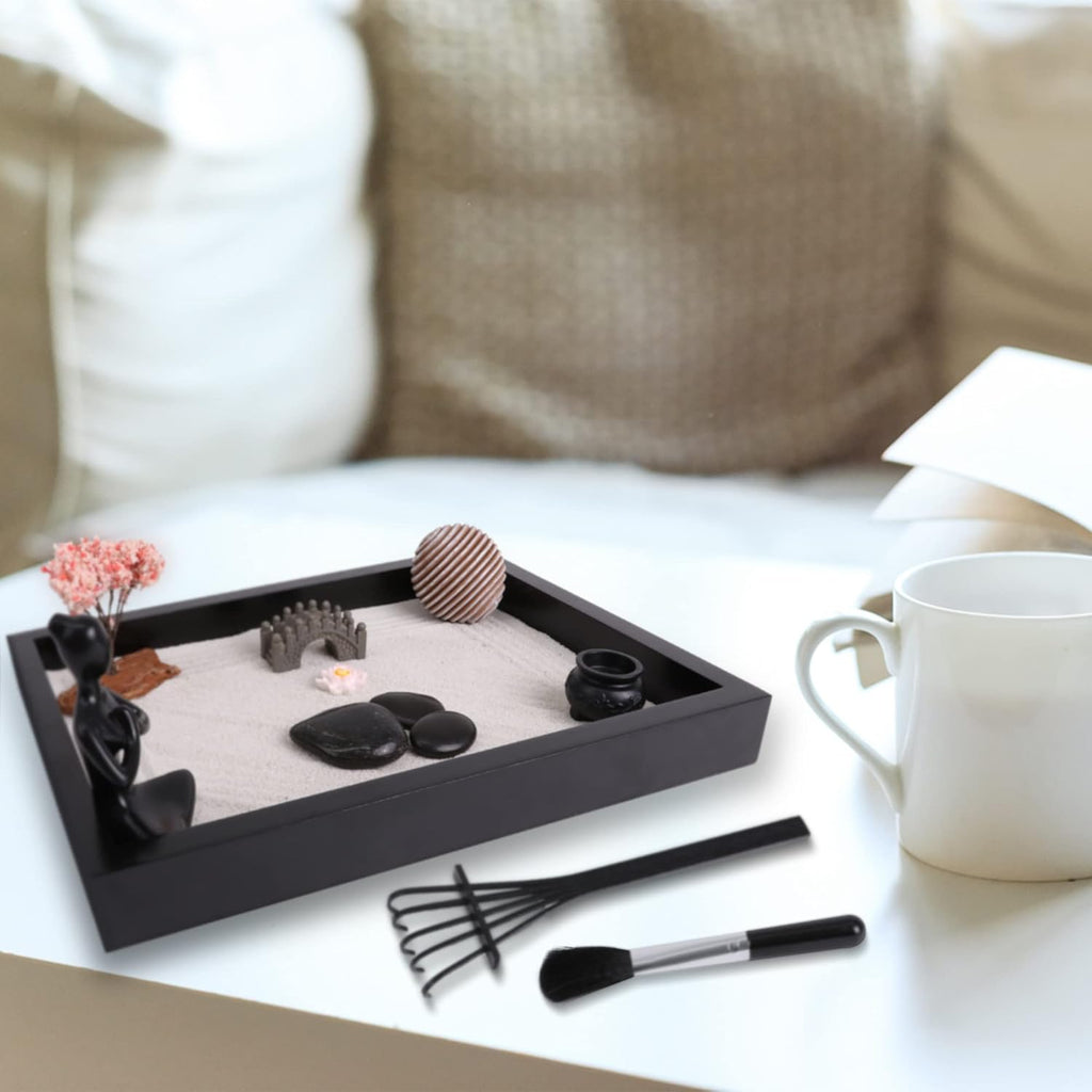 Zen Garden Desk Decor Set with Wooden Tray, White Sands, Rocks, Rake Tools, Pack of 2 F148