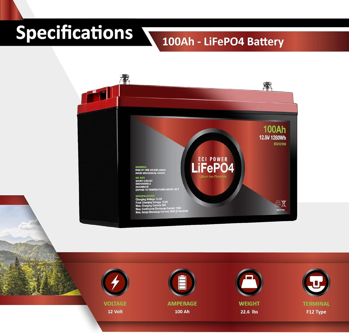 12V 100Ah Lithium LiFePO4 Deep Cycle Rechargeable Battery Y5991