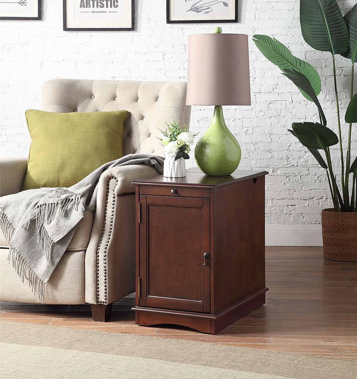 1pc Birch Veneer Side Table with USB Outlet S6383
