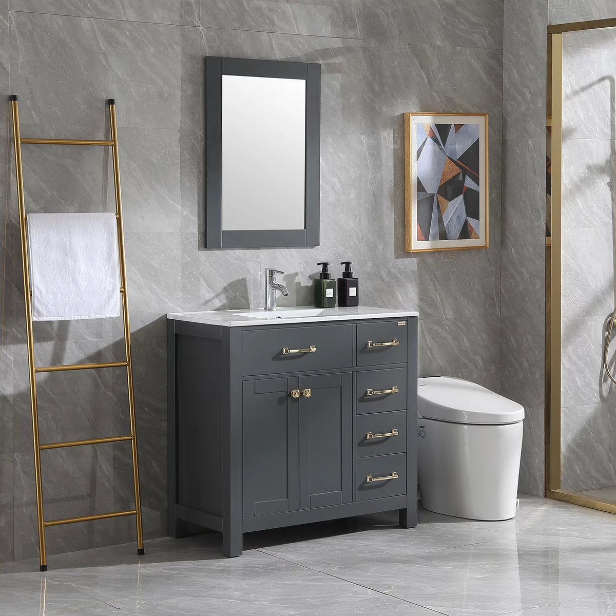 36" Gray Bathroom Vanity Cabinet with 2 Doors and 5 Drawers T927744