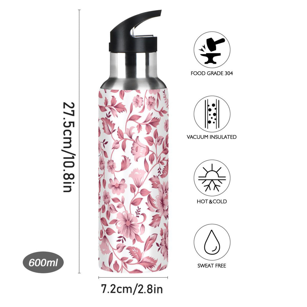 Pink Floral Insulated Stainless Steel Water Bottle with Straw Lid Leakproof 20 oz T97679